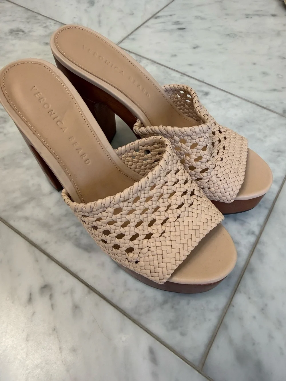 Veronica Beard Cream Woven Platform Slide Heels